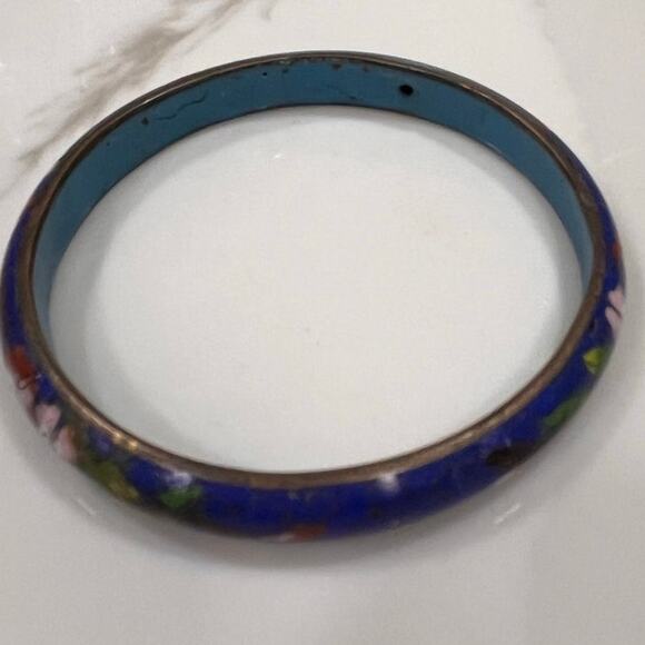 Vintage Cloisonné Enamel Bangle Bracelet – Blue Floral Chinese Style Jewelry - Picture 5 of 8